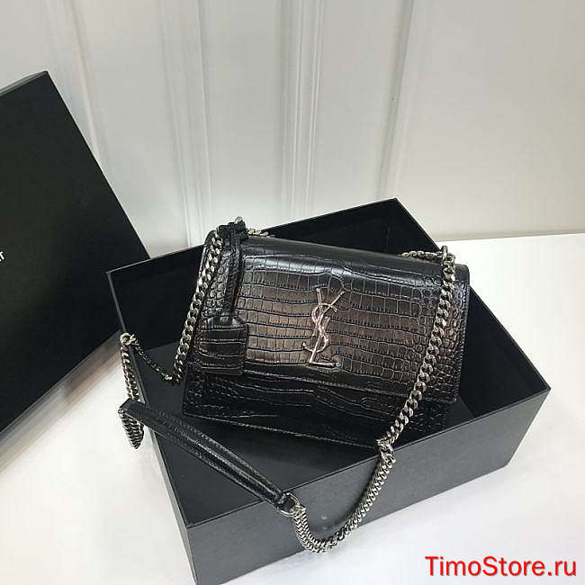 YS1 Sunset Crocodile Black Bag with Silver Hardware 22cm - 1