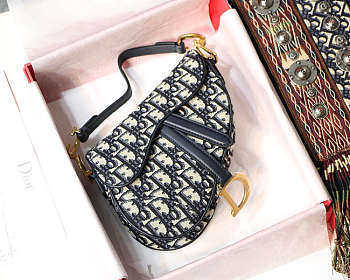 D1or Oblique Jacquard Canvas Calfskin leather Saddle Small Bag in Blue 19.5 x 16 x 6.5 cm 