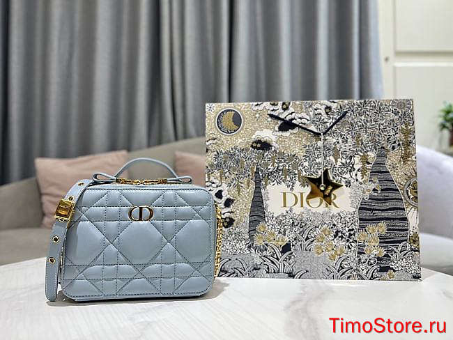 D1or  Caro Box Bag with Chain Blue 18cm  - 1