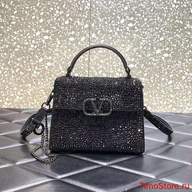 Valentino Mini Vsling Handbag with Sparkling Embroidery Black 19x 13x 9cm  - 1