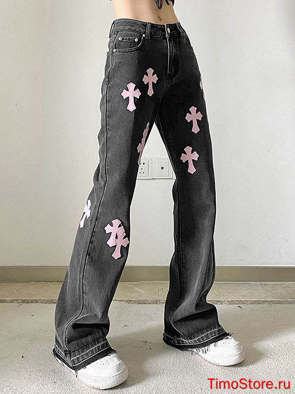 Croix heart cross patch leather jeans  - 1