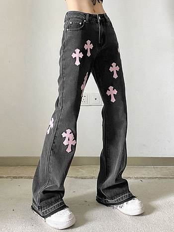 Croix heart cross patch leather jeans 