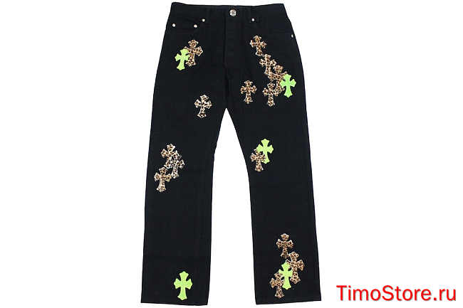 Chrome Hearts Green & Leopard Cross Patch Jeans Black - 1