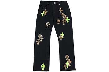 Chrome Hearts Green & Leopard Cross Patch Jeans Black