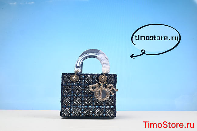 D1OR Metallic Satin Celestial Bead Embroidery Cannage Mini Lady Dior Blue - 1