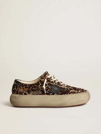 Space-Star shoes in leopard-print pony skin with black leather star and heel tab