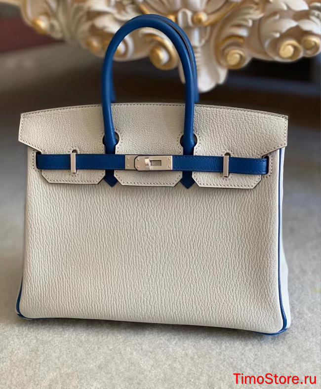 hermes Birkin Goatskin Pearl Gray and 7A Bleu Thalassa 25cm - 1